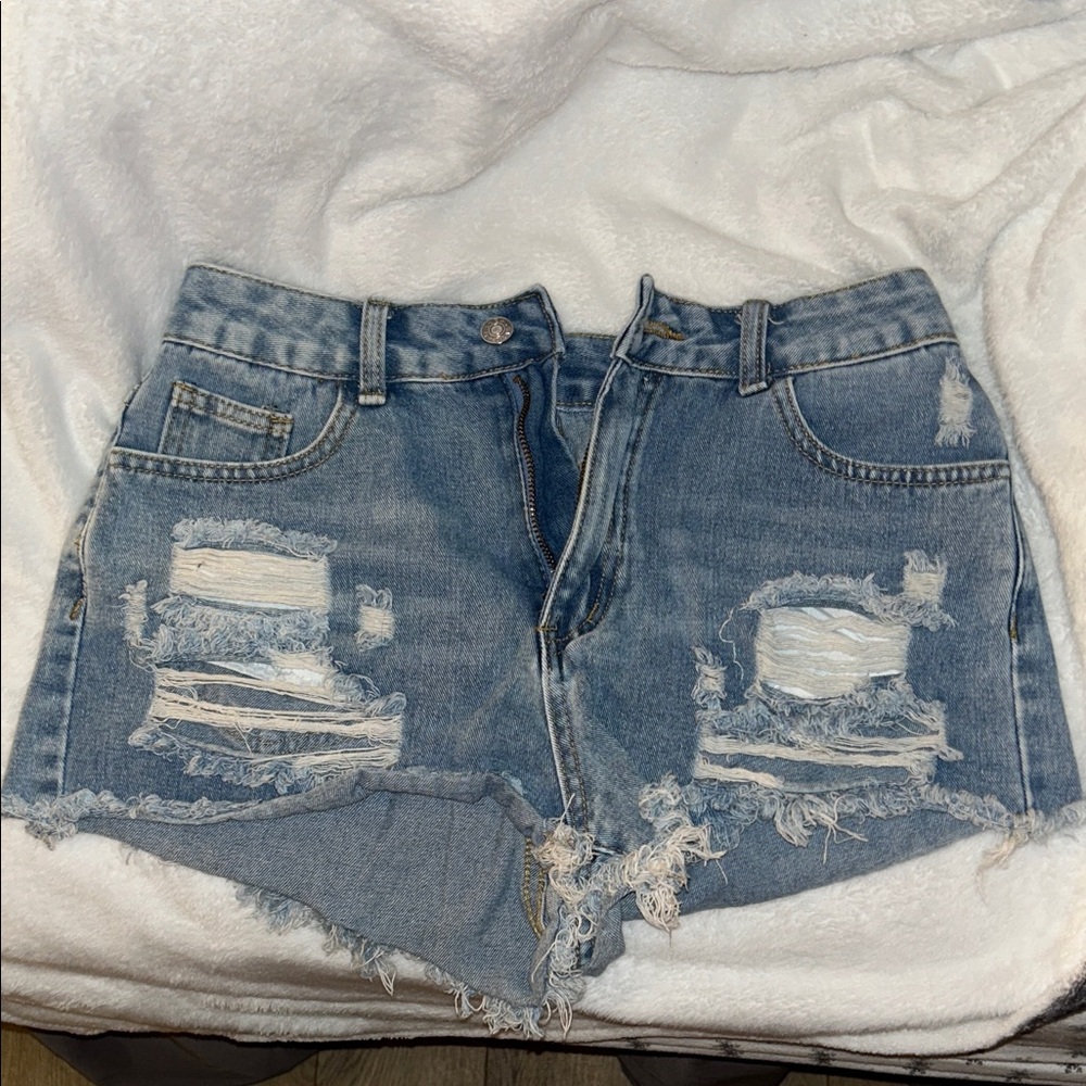 High-Rise Distressed Denim Shorts - Light Blue